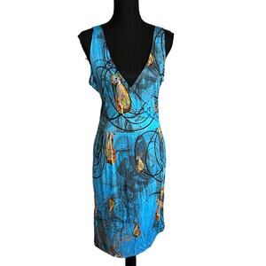 Pam & Arch London Blue Rabbit Blouson Jersey Dress LARGE Deep V Whimsical NEW